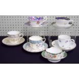 Six porcelain tea cups and saucer duos; including Dresden, Royal Doulton, Royal Worcester and