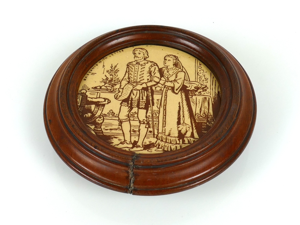 Victorian Mintons Hollin & Co circular tile depicting a Shakespearean scene from the Merchant of