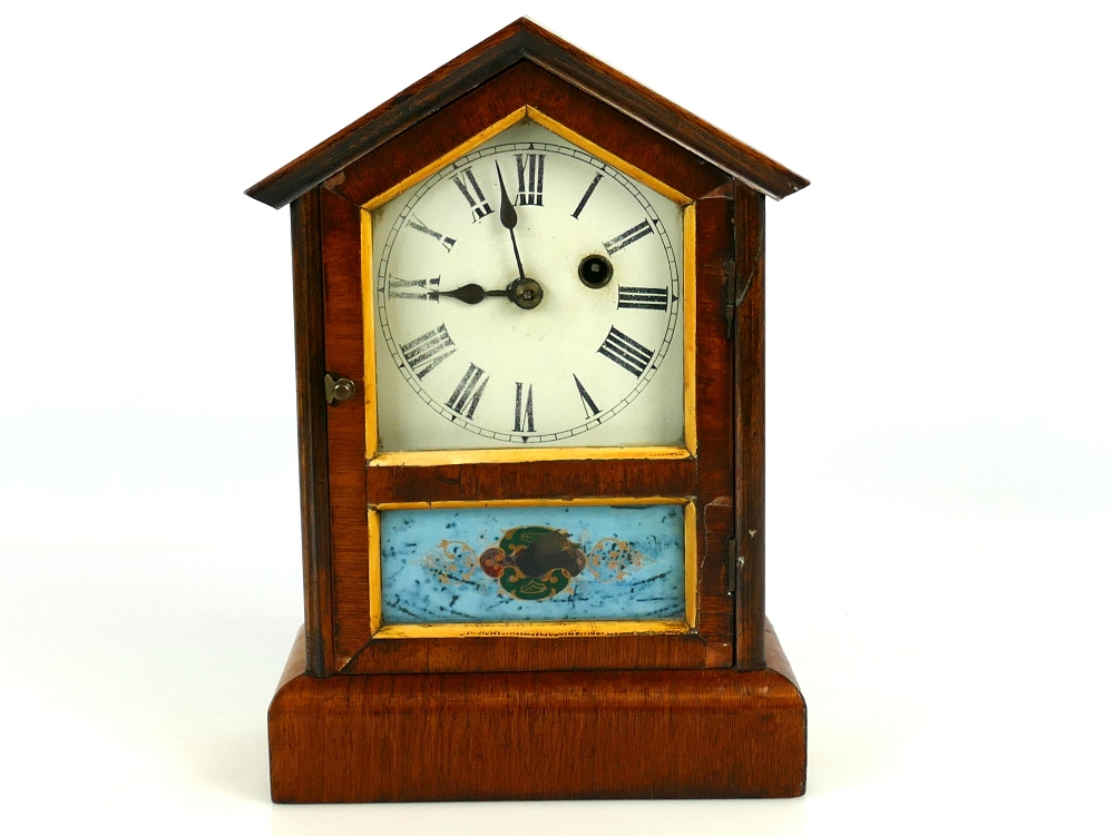 Mahogany cased Teutonia pendulum shelf clock, enamel face, Roman numerals dial, 11" tall (key) (