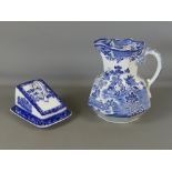 Large 19th century Masons Ironstone octagonal blue and white jug, 12" tall; together with a