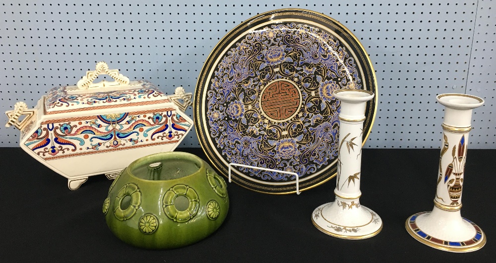 Royal Worcester porcelain charger, decorated with phoenix and stylised blue foliage on a black