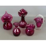 Collection of cranberry glass ware, including vases, basket and two pulpit vases (5)