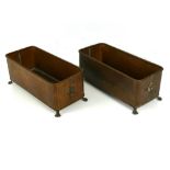 Pair of vintage copper and brass planter troughs, with paw feet and lion mask ring handles, 7" high,
