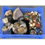 Collection of rock and mineral specimens including crystals and polished agates