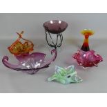 Collection of vintage coloured art glass including Murano, the tallest 8.5" (6)