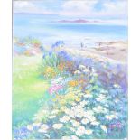 Barrett Bray (20th/21st century) - a sunlit coastal landscape seen from an herbaceous border, with