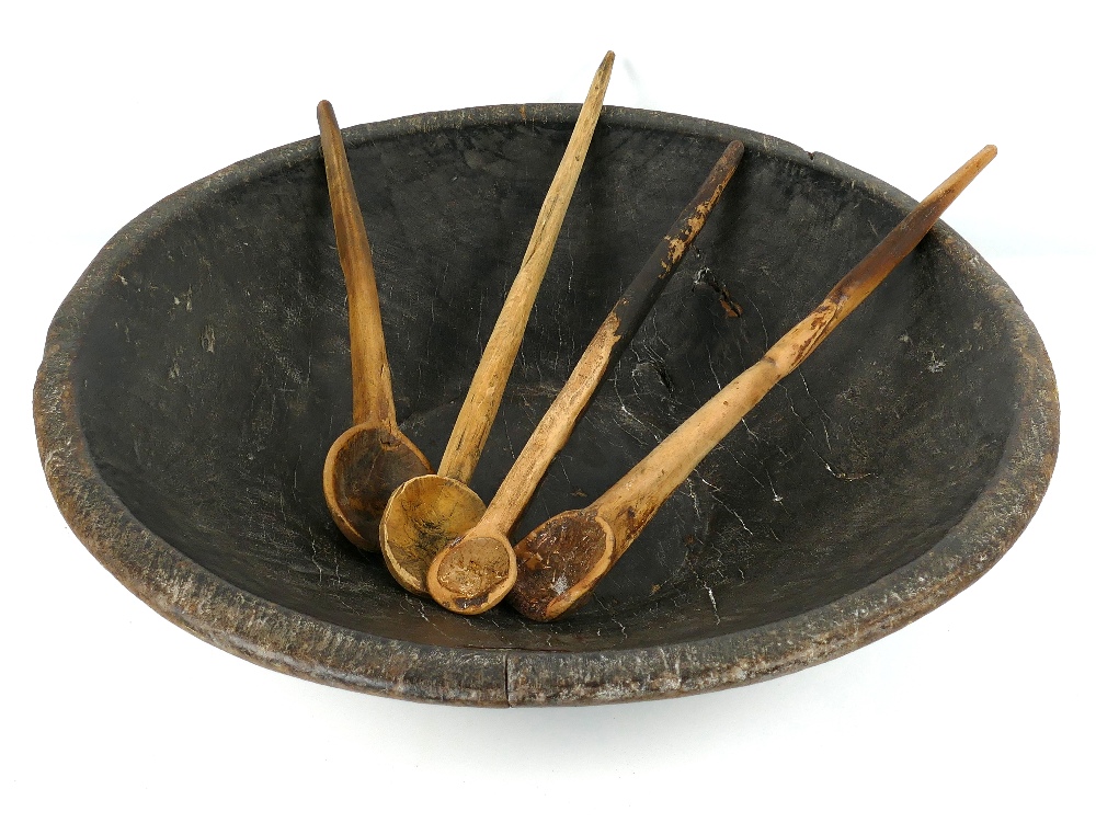 Very large and heavy primitive rustic carved wooden bowl, 25" diameter, 6" deep, 1.25" thick;