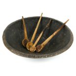 Very large and heavy primitive rustic carved wooden bowl, 25" diameter, 6" deep, 1.25" thick;