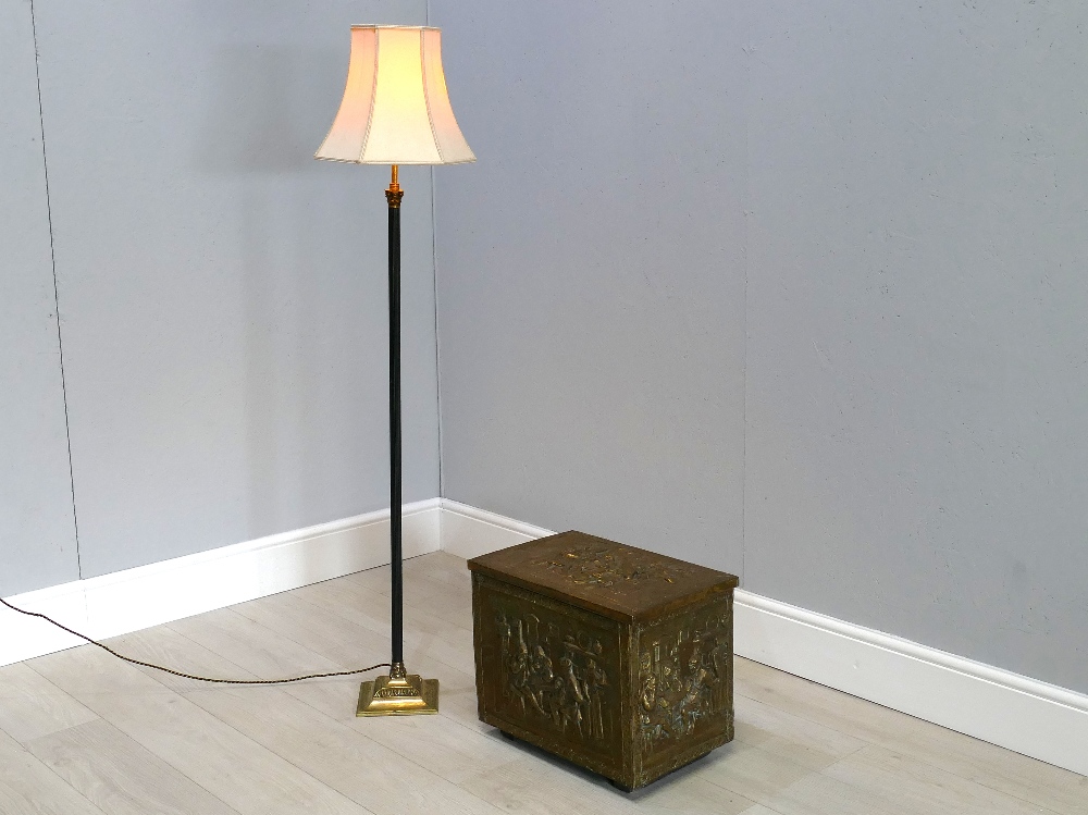 Fluted Corinthian column brass floor lamp and shade, 61" tall; together with a vintage embossed