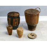 Collection of African native drums including two large floor drums, largest 20" tall, 15"