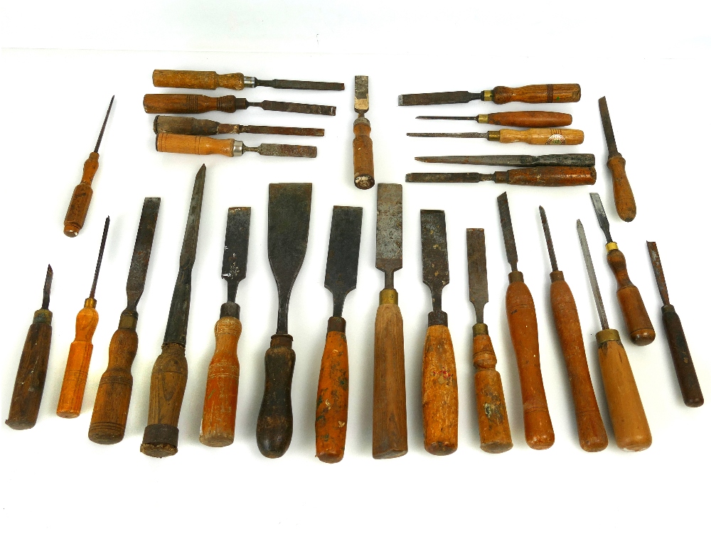 Large collection of vintage woodworking chisels including examples by Sorby, Marples and Ibbotson,