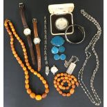 Amber bead necklace; together with an amber bead bracelet (clasp af), Oriental buckle, bangle and