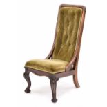 Victorian mahogany Prie Dieu / nursing chair, the button upholstered back on frame with scrolling
