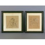 Pair of framed Louis Wain style pencil drawings, one entitled 'Just one touch more', featuring a cat