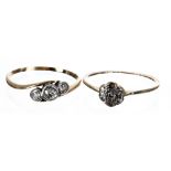 18ct three stone diamond ring; also another 18ct diamond ring (stones missing), 2.6gm (2)
