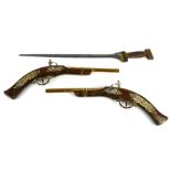 Pair of replica wooden & brass flintlock pistols, 19" long together with a vintage sword with