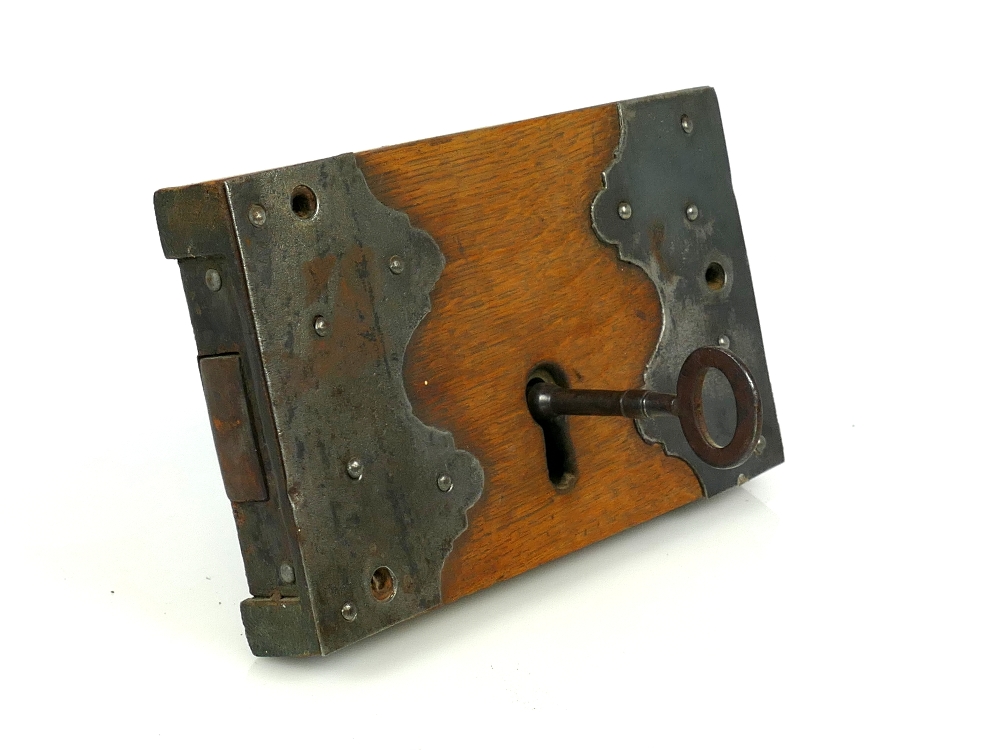 18th century Gothic oak and iron church or castle rim lock, 9" x 5.5" x 1.5", with original key,