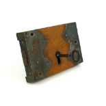 18th century Gothic oak and iron church or castle rim lock, 9" x 5.5" x 1.5", with original key,