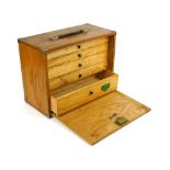 Vintage Ennox oak collectors box with five internal drawers, key, 16" x 12" x 8"