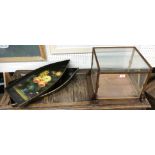 Pair of decorative floral painted boat shaped papier mache tray, the largest 26.5" x 13"; also a