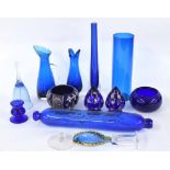 Collection of blue glass; including rolling pin, vases, jug, bowls and pots, some with gilt