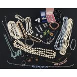 Assorted costume jewellery; necklaces, dress rings, earrings, pearls various etc.