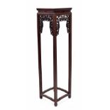 Chinese 19th century hardwood square jardiniere stand, the 14" square top over a pierced carved fri