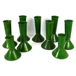 Collection of vintage green painted metal army two-piece training cones and bases (9)