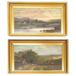 A* Staddon - figures working in a rural landscape and abbey ruins in a landscape view, signed and