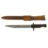 WWI era Ross Rifle Co Quebec Patented 1907 bayonet with original leather scabbard, date stamped 10/