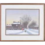 ** Burke (20th/21st century) - a Northern street scene in winter with a mother and child beside