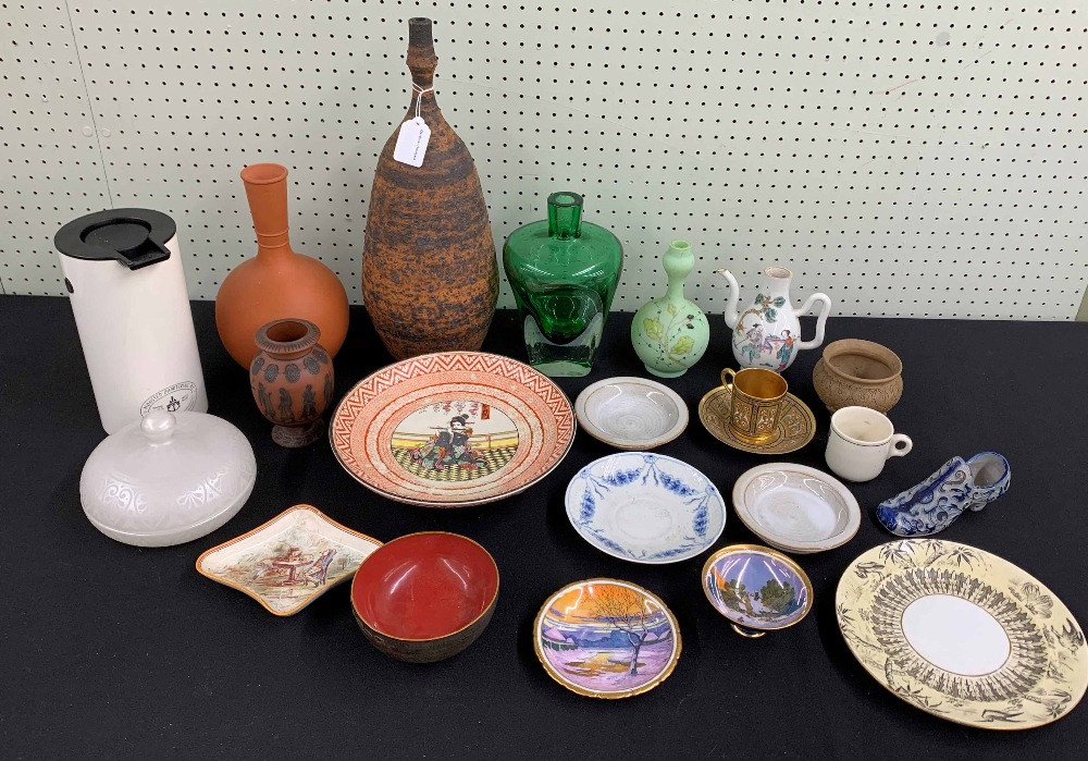 Mixed collection of pottery, ceramics and glass to include a 19th century Wedgwood tazza with figure