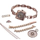9ct lady's wristwatch (at fault); 9ct pendant and assorted 9ct scrap gold, 39.8gm in total