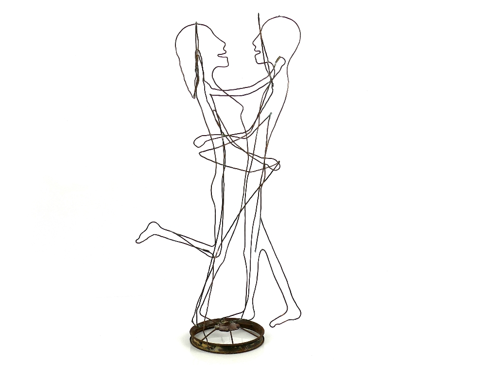 Vintage wirework sculpture entitled Dancing Couple, 27" tall