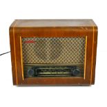 Cambridge PYE wood cased valve radio, 16" x 7" x 12", with original red enamel label at front