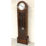 1930s oak three train longcase clock, with pendulum and three chrome cased weights, 75" high, 20"