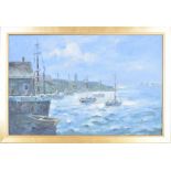 English School (20th/21st century) - a coastal scene with fishing boats, a headland with a