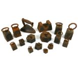 Graduated set of five antique cast iron hexagonal ring weights (2 kilos to 100g); nine various