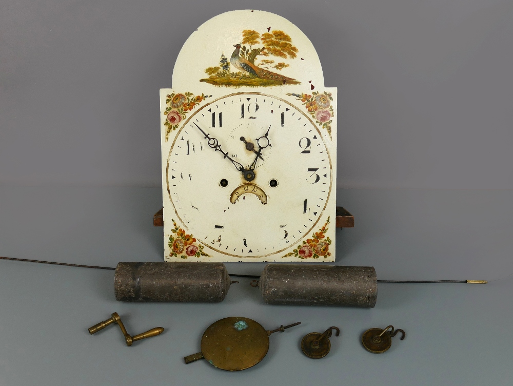 Antique longcase clock movement, striking on a bell with painted arched dial, 17.5" x 12" and