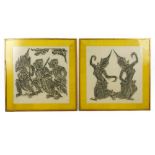 Pair of farmed Siamese charcoal drawings, one depicting two dancing ladies, the other three