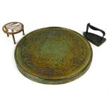 Antique ornate brass Eastern circular table-top/wall plaque, 20" diameter; together with a William