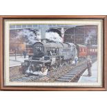 **Burke (20th/21st century) - a steam locomotive in a station with a figure on the platform in the