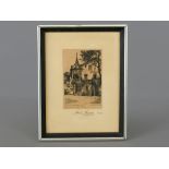 Framed black and white etching depicting Pension Daheim, Oberammergau, the home of Anton Lang,