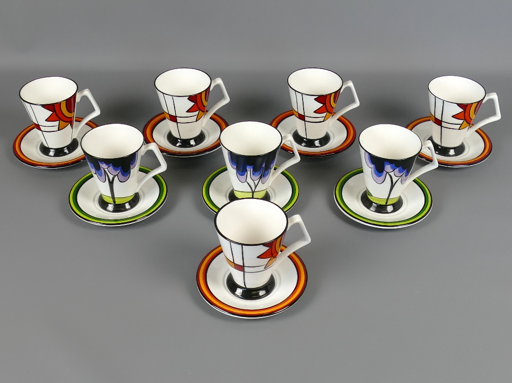 Collection of eight designer mugs and saucers from Brian Wood signed L. Oakley - five in the "Jazz "