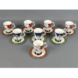Collection of eight designer mugs and saucers from Brian Wood signed L. Oakley - five in the "Jazz "