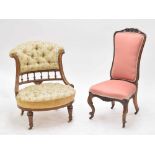 Victorian walnut and satinwood inlaid nursing chair with floral upholstered button back and seat,