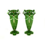 Pair Eichwald Art Nouveau/Secessionist green porcelain vases with swag decoration, circa 1910, 10.5"