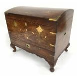 Mahogany brass inlaid dome top work chest, with twin folding brass handles, the hinged cover with