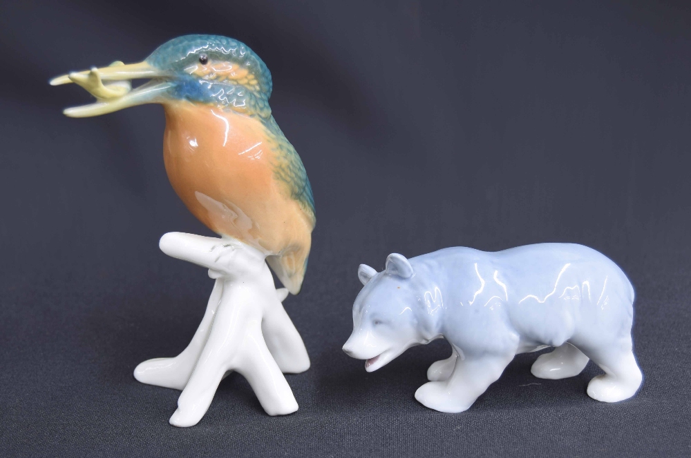 Karl Ens porcelain figure of a Kingfisher with fish, 5" high; together with a small porcelain figure