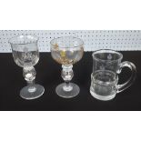 Three T. Goode & Co. Ltd commemorative glass items; a 1937 Coronation tankard 5" high, gilt